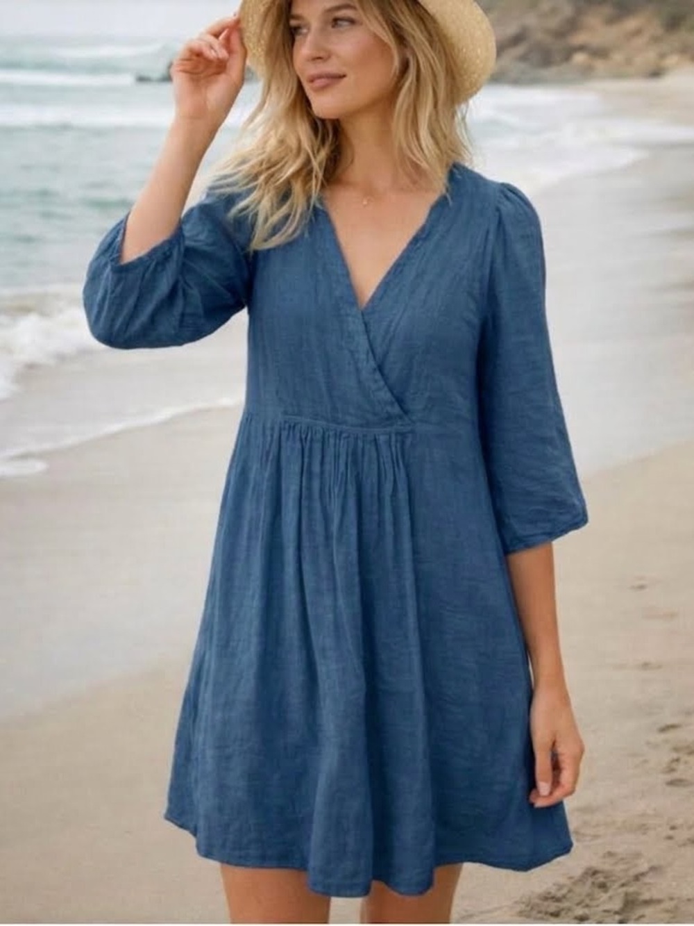 Sundance Blue Linen Wrap-Style Pullover Dress